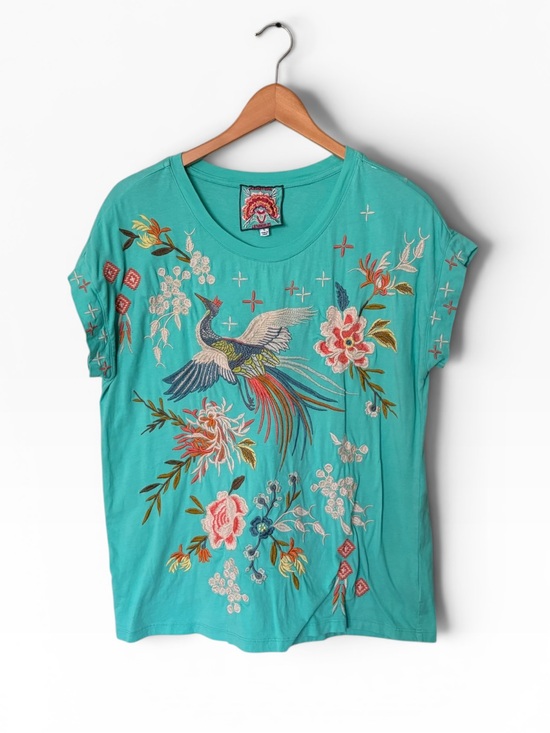 Johnny Was Tops - Johnny Was Teal Embroidered Crane Bird Floral Tee Small Boho Asian Cottage S